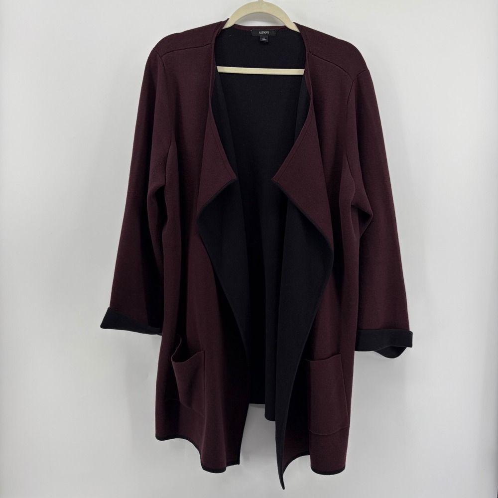Alfani Womensβ Plus Size 1X Burgundy Black Open Front Cardigan Sweater